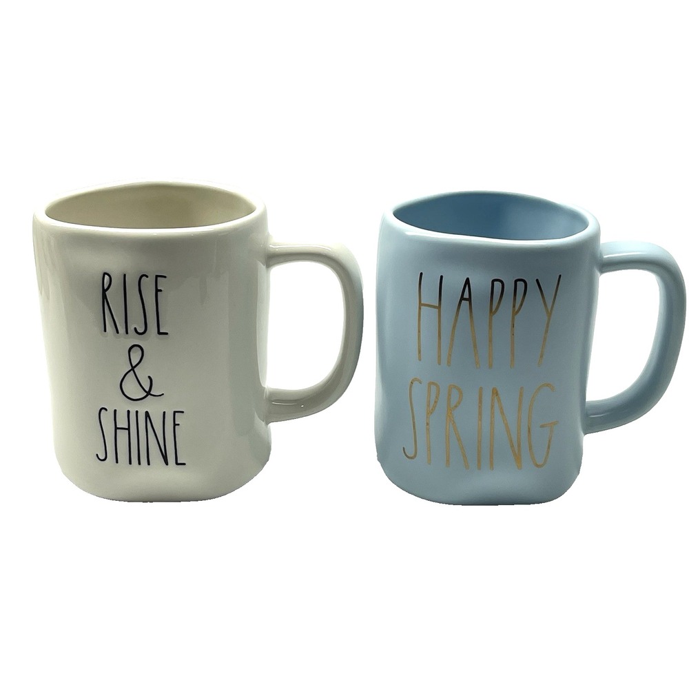 Rae Dunn By Magenta Rise & Shine And Happy Spring Farmhouse 20 oz Coffee Mug Set